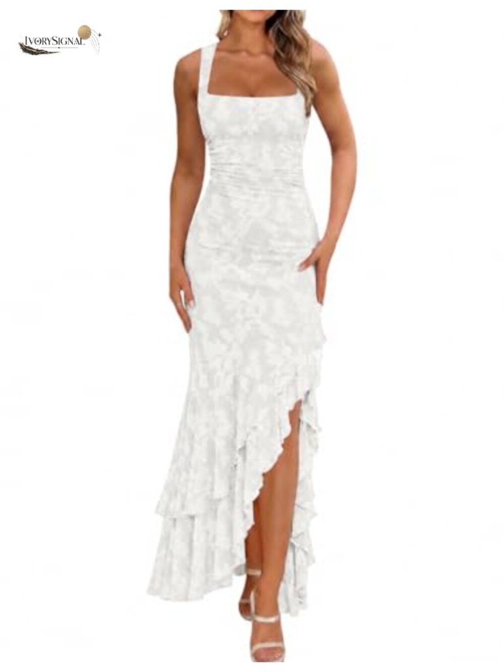 Elegant Ruched Floral Maxi Wedding Guest Dress Sleeveless Square Neck High Slit